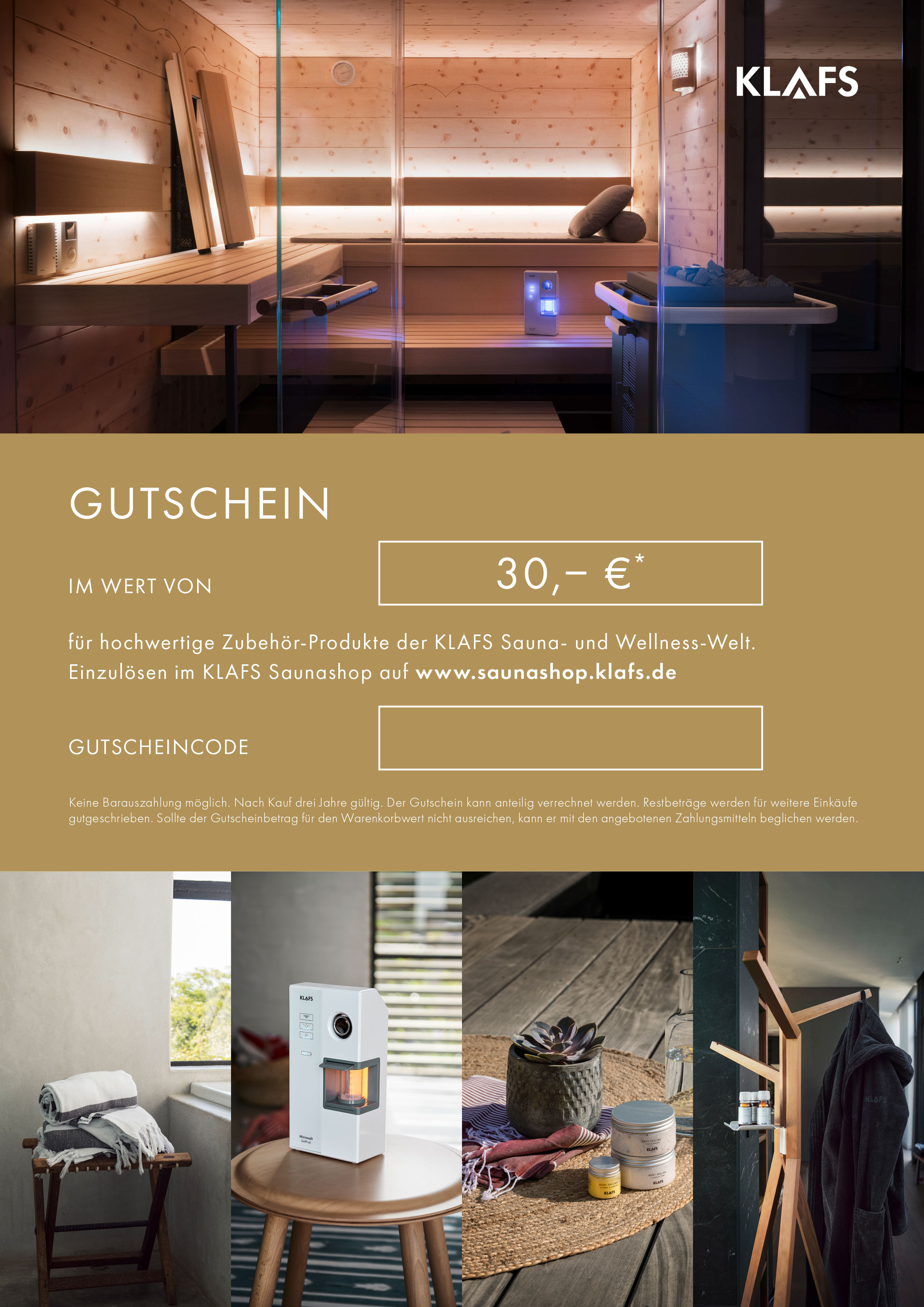 Gutschein zeigt moderne Sauna mit Holzwänden, Accessoires und entspannendem Licht in luxuriösem Ambiente. Text enthält Gutscheinangaben.