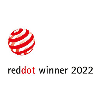 Roter Punkt-Logo, zeigt "reddot winner 2022", steht für Designpreis, auf weißem Hintergrund.