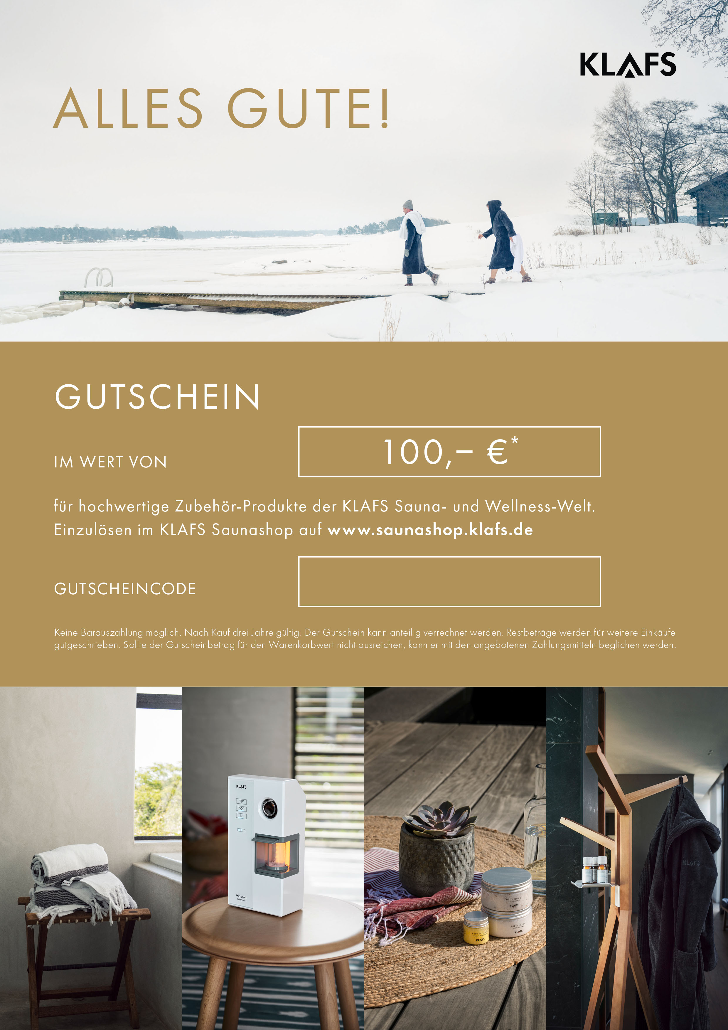 Gutschein über 100 Euro, winterliche Szene mit Menschen am See, Saunazubehör auf Holztisch.