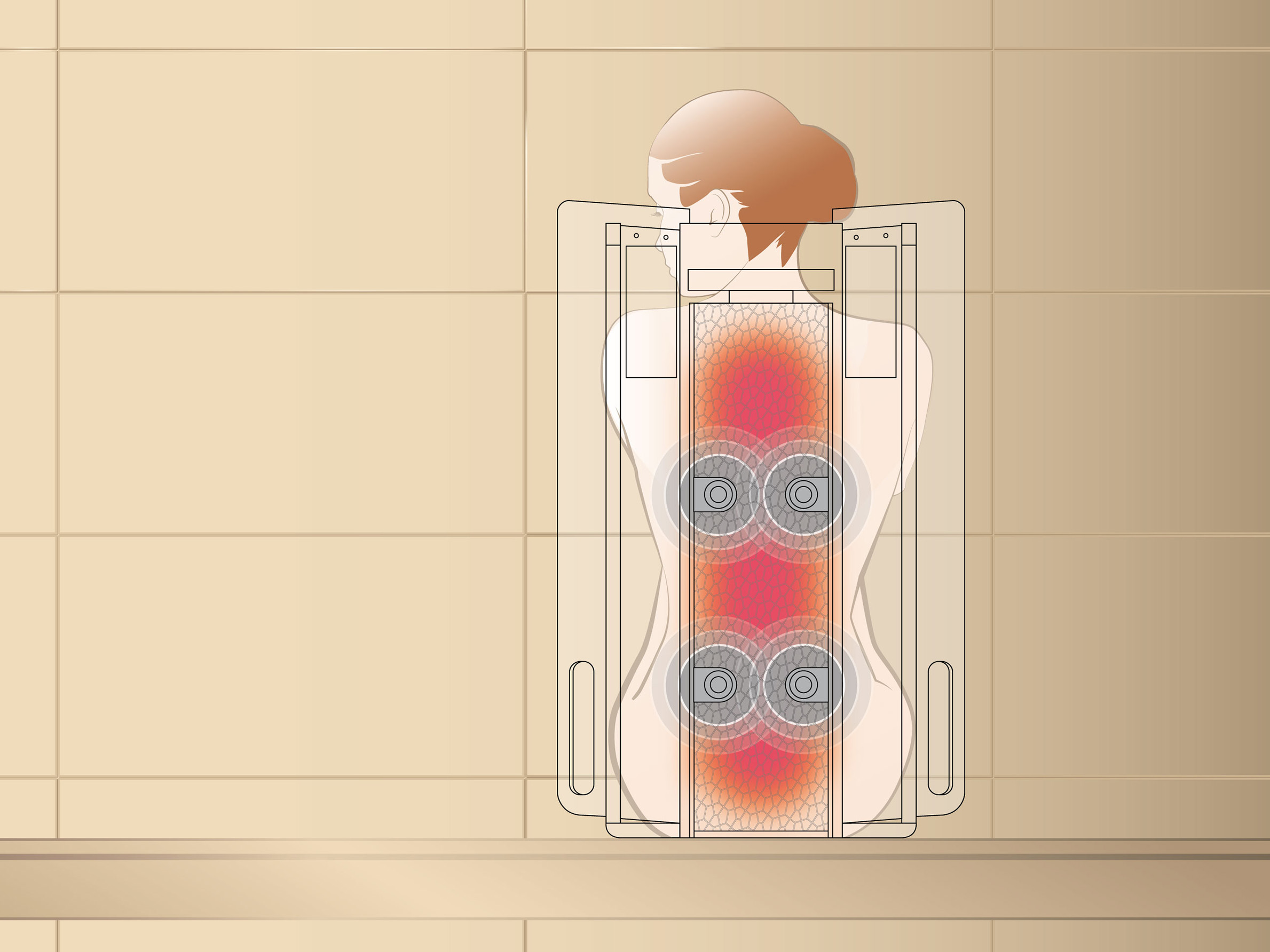 Eine stilisierte Person sitzt, erhält Wärmetherapie, in einem luxuriösen Saunaraum mit Fliesenwänden.